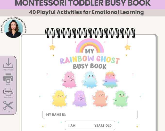 Toddler Busy Book Printable Montessori Emotional Regulation Activities Mindfulness Quiet Book • Therapist-Created Rainbow Ghosts Busy Book