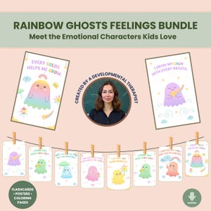 Rainbow Ghosts Emotional Regulation Bundle for Kids, Printable Feelings Flashcards + Calm Corner Posters +  Mindfulness Coloring Pages