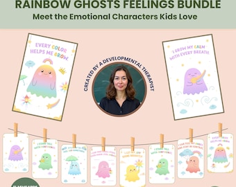 Rainbow Ghosts Emotional Regulation Bundle for Kids, Printable Feelings Flashcards + Calm Corner Posters +  Mindfulness Coloring Pages