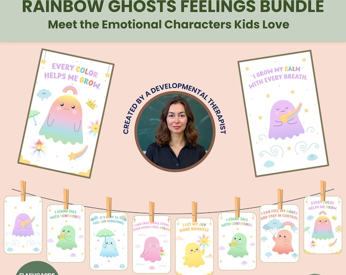Rainbow Ghosts Emotional Regulation Bundle for Kids, Printable Feelings Flashcards + Calm Corner Posters +  Mindfulness Coloring Pages