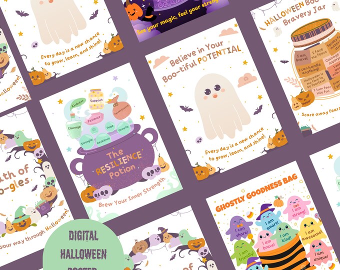 Halloween Poster Bundle of 6, Halloween Decoration, affirmational printing, classroom theme, ghost prints, Halloween Wreath,Pastel Halloween
