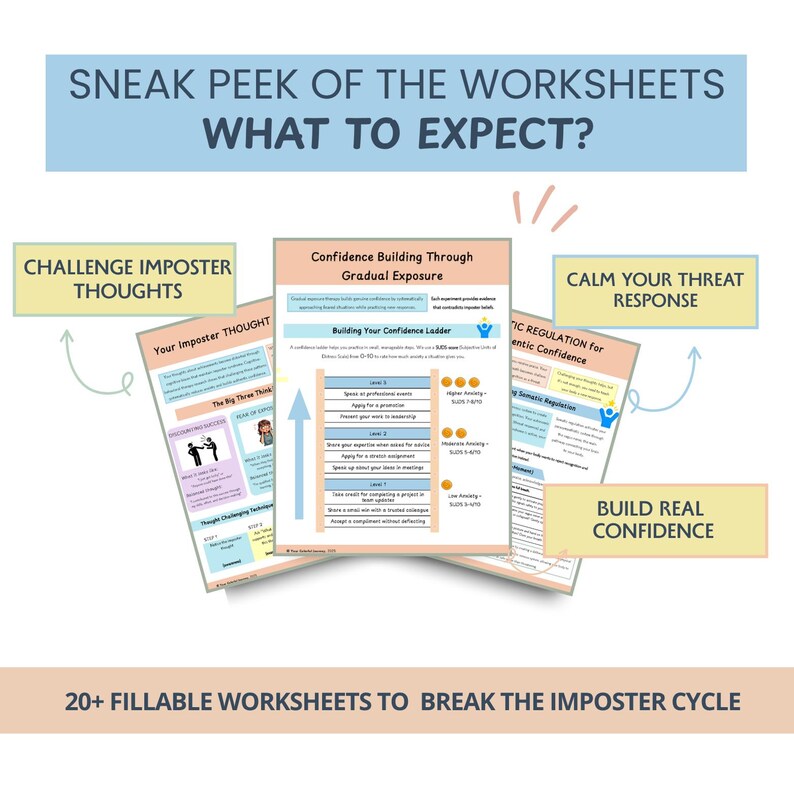 May include: A sneak peek of worksheets with the text "SNEAK PEEK OF THE WORKSHEETS WHAT TO EXPECT?" and "20+ FILLABLE WORKSHEETS TO BREAK THE IMPOSTER CYCLE." The worksheets cover topics like challenging imposter thoughts and building confidence.