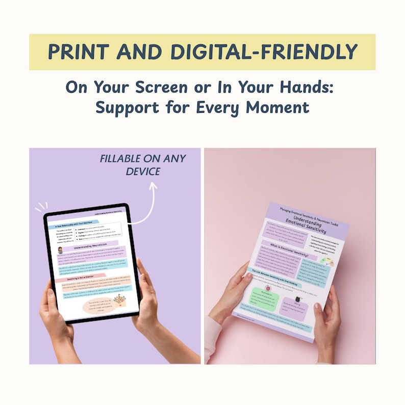 May include: An image showcasing a digital tablet and a printed document. The tablet displays a document with text and graphics, while the printed document is held in hands. Text on the image reads "PRINT AND DIGITAL-FRIENDLY" and "FILLABLE ON ANY DEVICE."