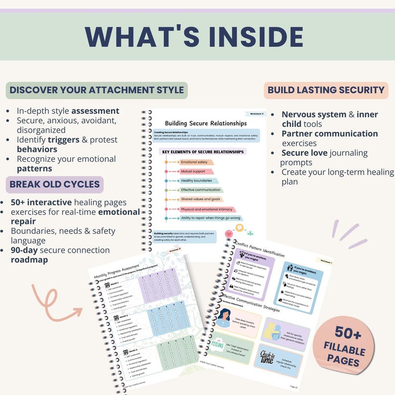 Therapist-designed attachment style workbook with 50+ fillable healing pages. Includes interactive worksheets, in-depth attachment assessments, anxious-avoidant healing tools, and step-by-step guidance to build secure relationships. Visually structured, easy-to-use, and ideal for individuals or therapists working with insecure attachment patterns. Digital download, US Letter & A4 format.