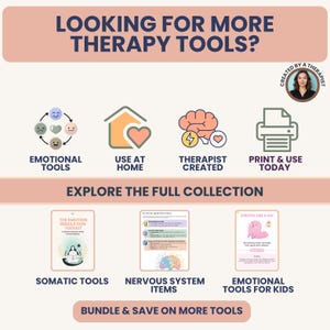May include: An advertisement for therapy tools. The image features icons for emotional tools, home use, therapist-created resources, and printable materials. Text includes "Looking for More Therapy Tools?" and "Explore the Full Collection."