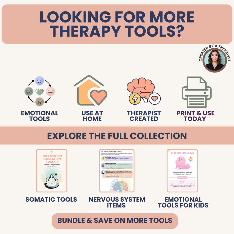 May include: An advertisement for therapy tools. The image features icons for emotional tools, home use, therapist-created resources, and printable materials. Text includes "Looking for More Therapy Tools?" and "Explore the Full Collection."