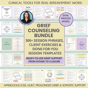 May include: A grief counseling bundle featuring clinical tools, session phrases, client exercises, and templates. The collection includes documents titled The Grief & Loss Intervention Toolkit, Dual Process Model, and Part 1: Intervention Phrases.