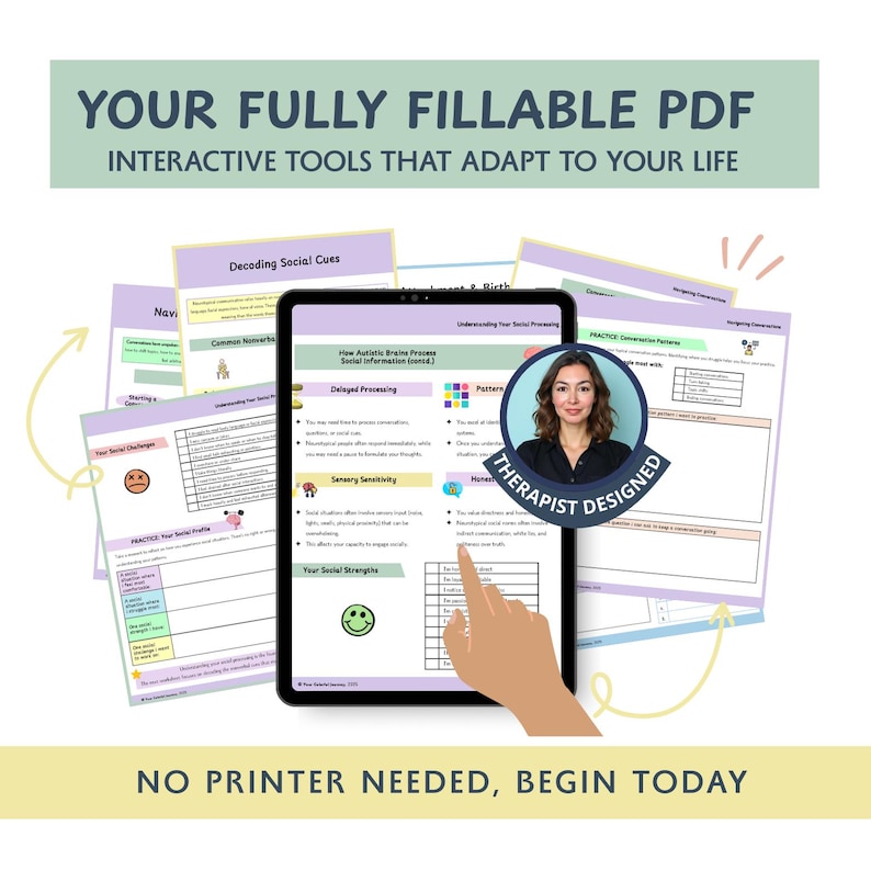 May include: A tablet displaying interactive PDF tools with the text "Your Fully Fillable PDF". The image includes various worksheets and the text "Therapist Designed". The background is white with a light green banner.
