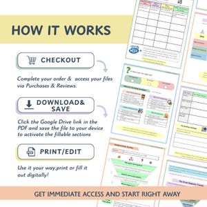 May include: A digital download product with the title "HOW IT WORKS" in yellow. The image shows a checkout process, download instructions, and print/edit options. Several worksheets are displayed with various charts and fillable sections.