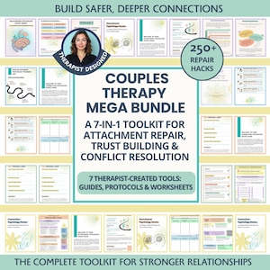 Op de afbeelding: Een verzameling gidsen en werkbladen voor relatietherapie. De afbeelding toont de tekst "Couples Therapy Mega Bundle" en "A 7-in-1 Toolkit for Attachment Repair, Trust Building & Conflict Resolution." Het bevat ook "250+ Repair Hacks."