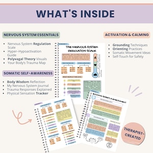 May include: An open notebook with spiral binding displays detailed text and diagrams about the nervous system, including a regulation scale and somatic self-awareness topics. The text includes "What's Inside" and "Therapist-Created."