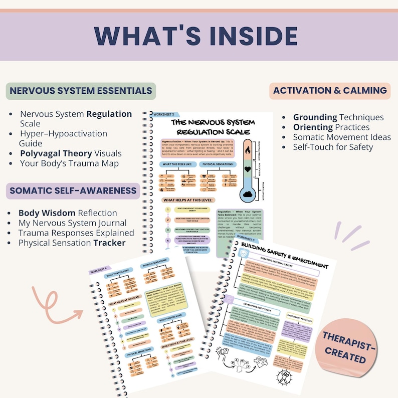 May include: An open notebook with spiral binding displays detailed text and diagrams about the nervous system, including a regulation scale and somatic self-awareness topics. The text includes "What's Inside" and "Therapist-Created."
