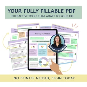 May include: A digital tablet displaying a PDF document titled "Knowing Your Needs" with a woman's portrait and the text "Therapist Designed." Surrounding the tablet are several printed worksheets. The image includes the text "Your Fully Fillable PDF" and "No Printer Needed, Begin Today."