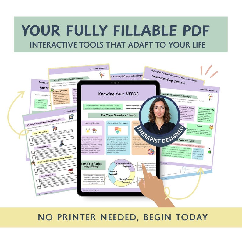 May include: A digital tablet displaying a PDF document titled "Knowing Your Needs" with a woman's portrait and the text "Therapist Designed." Surrounding the tablet are several printed worksheets. The image includes the text "Your Fully Fillable PDF" and "No Printer Needed, Begin Today."