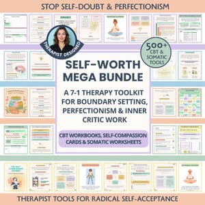 Könnte beinhalten: Ein digitales Selbsthilfe-Bundle mit dem Text "Self-Worth Mega Bundle" und "Therapist Designed". Das Toolkit umfasst kognitive Verhaltenstherapie-Arbeitsbücher, Selbstmitgefühlskarten und somatische Arbeitsblätter.