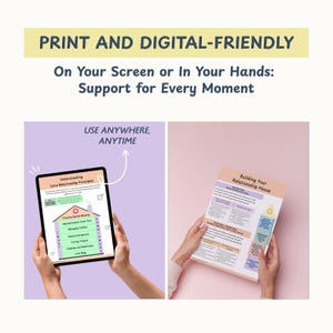 May include: A digital and print-friendly resource with the text "PRINT AND DIGITAL-FRIENDLY" and "On Your Screen or In Your Hands: Support for Every Moment." The image shows a tablet and a printed document with relationship-related content.
