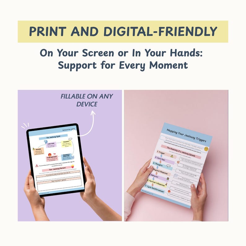 May include: Image showing a tablet and a printed sheet with the text "Mapping Your Jealousy Triggers". The tablet displays a diagram, and the printed sheet has a similar layout. The image also includes the text "PRINT AND DIGITAL-FRIENDLY".