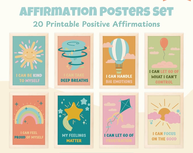 20 Positive Affirmation Posters Growth Mindset Digital Wall Art Self Esteem Prints Therapy Motivation Calm Corner Printable Kids Adults PNG