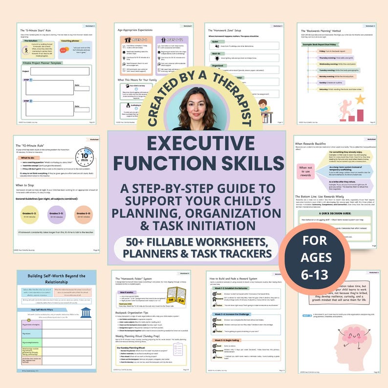 Executive Function Worksheets for Parents & School Counselors: ADHD Study Skills, Homework, Time Management (PDF)