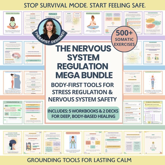 nervous system regulation mega bundle: polyvagal theory, grounding techniques, somatic exercises (therapy workbooks & cards)