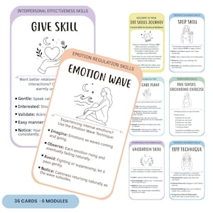 DBT therapy cards deck showing 6 complete skill modules for emotional regulation coping skills anxiety depression. Includes 36 professional cards with mindfulness distress tolerance emotion regulation interpersonal effectiveness plus exclusive self-management and reflection tools. Digital download printable therapy resources for personal use and therapist practice. Complete dialectical behavior therapy system.