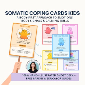 Op de afbeelding: Een set Somatic Coping Cards Kids met kleurrijke illustraties van geesten en tekst over lichaamsgerichte oefeningen voor emotionele regulatie. De kaarten bevatten titels zoals Body Scan, Shake It Out, Bunny Breaths en Deep Belly Breaths.