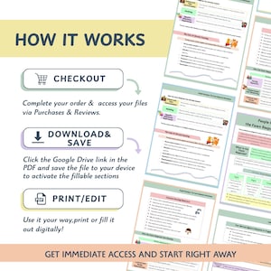 May include: A digital product guide titled "How It Works" with instructions for checkout, download, and printing. The guide includes steps to access files via purchases and reviews, download from Google Drive, and print or edit digitally. Several worksheets are also visible.