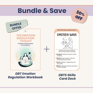 Peut inclure: Une offre group&eacute;e comprenant un cahier d'exercices DBT sur la r&eacute;gulation des &eacute;motions et un jeu de cartes de comp&eacute;tences DBTS. Le cahier a une couverture turquoise avec une personne m&eacute;ditant. Le texte comprend "Bundle & Save" et "50% Off".
