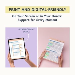 May include: Image shows a tablet and a printed document. The tablet displays a form with blue and beige elements. The printed document has a colorful layout. Text at the top reads "PRINT AND DIGITAL-FRIENDLY" and "FILLABLE ON ANY DEVICE."