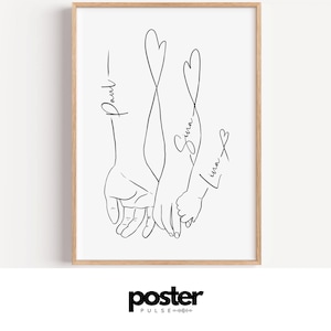 May include: A framed minimalist line art print featuring a family holding hands. The names "Paul", "Sina", and "Lina" are written in cursive. The artwork is in black on a white background, with a wooden frame.