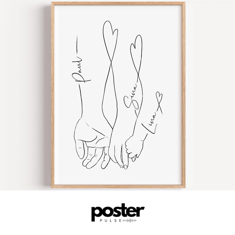May include: A framed minimalist line art print featuring a family holding hands. The names "Paul", "Sina", and "Lina" are written in cursive. The artwork is in black on a white background, with a wooden frame.