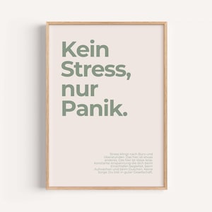 Könnte beinhalten: Ein gerahmter Druck mit dem Text "Kein Stress, nur Panik" in grünen Buchstaben auf beigem Hintergrund. Der Druck hat einen Holzrahmen und enthält zusätzlichen Text darunter.