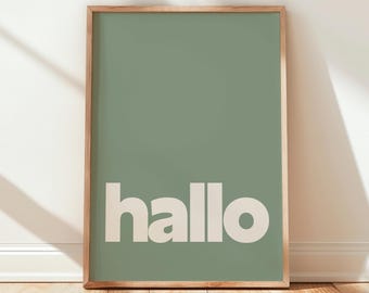 Poster: hello – Minimalist wall decoration for the entrance area, hallway & office | Modern typography | Gift idea for the apartment and home office (green)