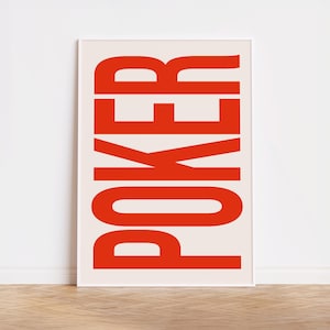 Affiche : POKER | Papier peint pour salle de jeux, salon ou bureau | Affiche typographique rouge pour les fans de poker et les amateurs de jeux de cartes