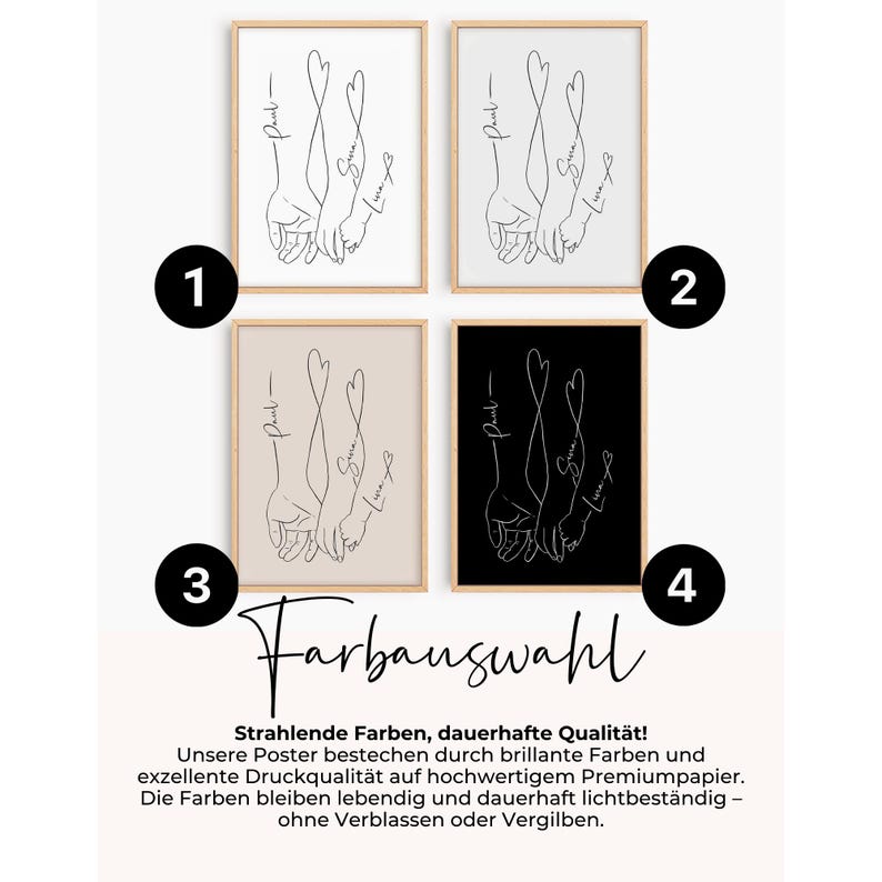 May include: Four framed art prints with line drawings of hands and the words "Paul", "Grace", and "Love". The prints are in various color schemes: white, black, and beige backgrounds. The text "Farbauswahl" is also visible.