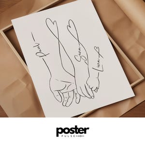 May include: A minimalist line art print featuring three hands holding each other. The names "Paul", "Sina", and "Lina" are written above the hands. The print is on a white background and is set in a wooden frame.