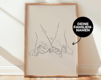 May include: A framed print featuring a line drawing of hands holding pinky fingers, with smaller hands below. Names are written above the hands. A black circle with the text "DEINE FAMILIEN-NAMEN" is in the upper right corner.
