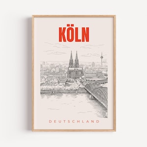 Puede incluir: Una lámina enmarcada con un dibujo lineal en blanco y negro del horizonte de Colonia, que incluye la catedral y el puente, sobre un fondo beige claro. El texto KÖLN aparece en rojo negrita en la parte superior y DEUTSCHLAND en la parte inferior.