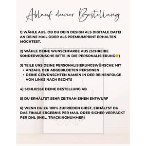 May include: A white rectangular sign with black script detailing the order process. The text includes steps for selecting a design, color, and personalization details. The sign also mentions receiving a draft and the final result.