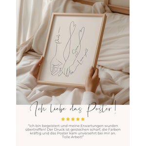 May include: A framed art print featuring a minimalist line drawing of three hands holding each other. The names "Paul", "Sina", and "Luna" are written above the hands. The frame is light-colored wood.