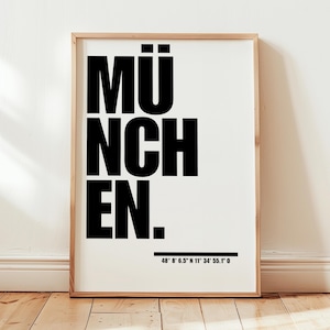 Poster: München – stadsposter met coördinaten | Minimalistische wanddecoratie | Cadeau voor Bayern-fans | Woonkamer & Kantoor | Wit
