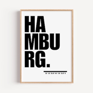 Poster: Hamburg – stadsposter met coördinaten | Minimalistische wanddecoratie | Cadeau voor Hamburg-fans | Woonkamer & Kantoor | Wit