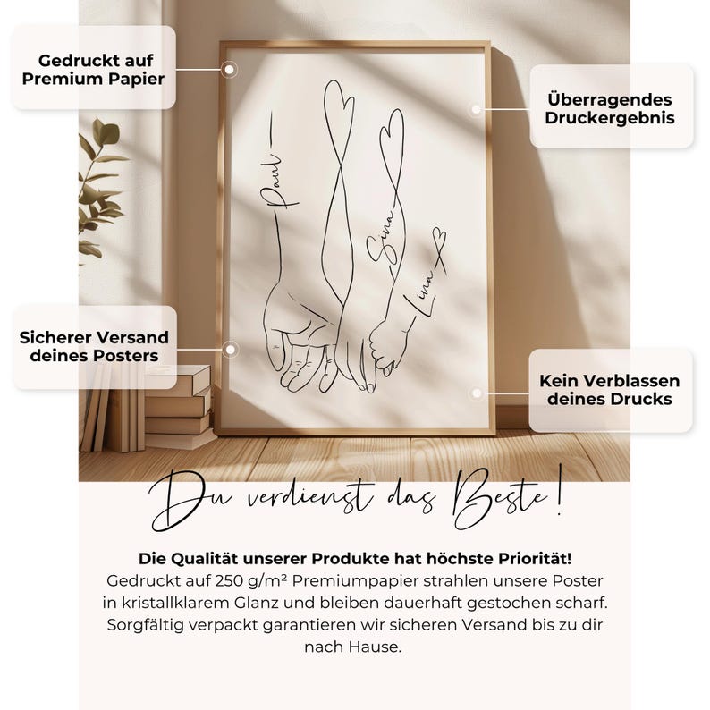 May include: A framed art print featuring a minimalist line drawing of three hands holding each other, with the names "Paul", "Sina", and "Luna" written above. The artwork is in black and white, with a wooden frame. The text "You deserve the best!" is at the bottom.