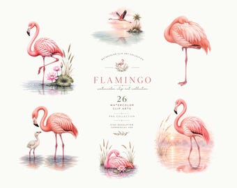 Flamingo Watercolor Clipart | 26 PNG Clip Arts | Tropical Summer Flamingo Aesthetic | Pink Watercolor Clipart | Printable PNG