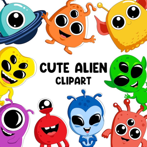 Cute Alien Clipart Set - Adorable Extraterrestrial Graphics for Scrapbooking, Birthday Party Invitations, and Kids Room Decor