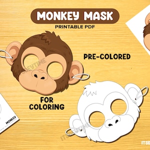 Könnte beinhalten: Ein druckbares PDF-Set mit Affenmasken, bestehend aus einer bereits braun kolorierten Affenmaske und einer schwarz-weißen Umrissversion zum Ausmalen. Der Text MONKEY MASK, PRINTABLE PDF, PRE-COLORED und FOR COLORING ist deutlich zu sehen.
