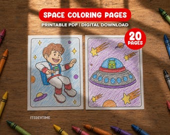 May include: Two rectangular coloring pages titled SPACE COLORING PAGES PRINTABLE PDF DIGITAL DOWNLOAD. One page shows a cartoon astronaut in space, the other shows an alien in a flying saucer with stars. A red circle indicates 20 PAGES.