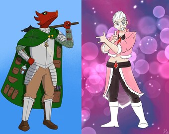 May include: A digital illustration of two characters. The character on the left is a red dragon wearing a green cloak with many pockets and holding a staff. The character on the right is a person with white hair wearing a pink and black outfit and a red gem on their belt.