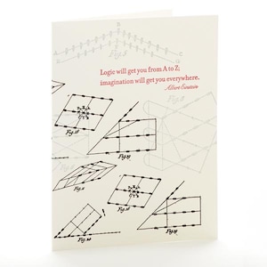 Może przedstawiać: Kremowa kartka okolicznościowa z geometrycznymi diagramami i cytatem "Logika zaprowadzi cię od A do Z; wyobraźnia zaprowadzi cię wszędzie." Alberta Einsteina, wydrukowanym w kolorze bordowym.