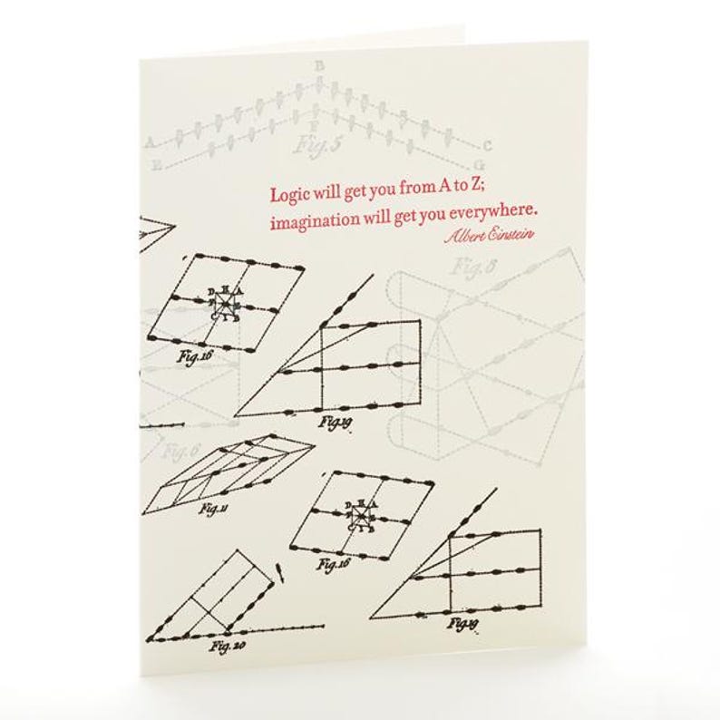 Może przedstawiać: Kremowa kartka okolicznościowa z geometrycznymi diagramami i cytatem "Logika zaprowadzi cię od A do Z; wyobraźnia zaprowadzi cię wszędzie." Alberta Einsteina, wydrukowanym w kolorze bordowym.
